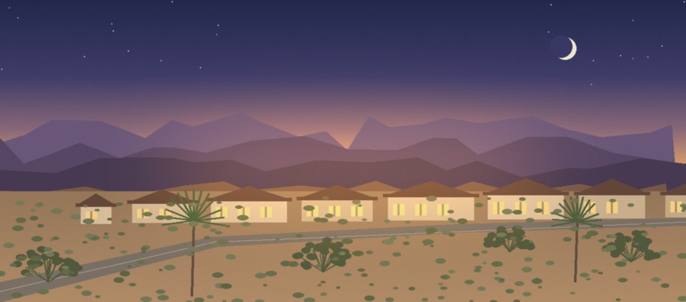 New single-storey homes in Summerlin West at dusk in mid-October, the Spring Mountains behind them