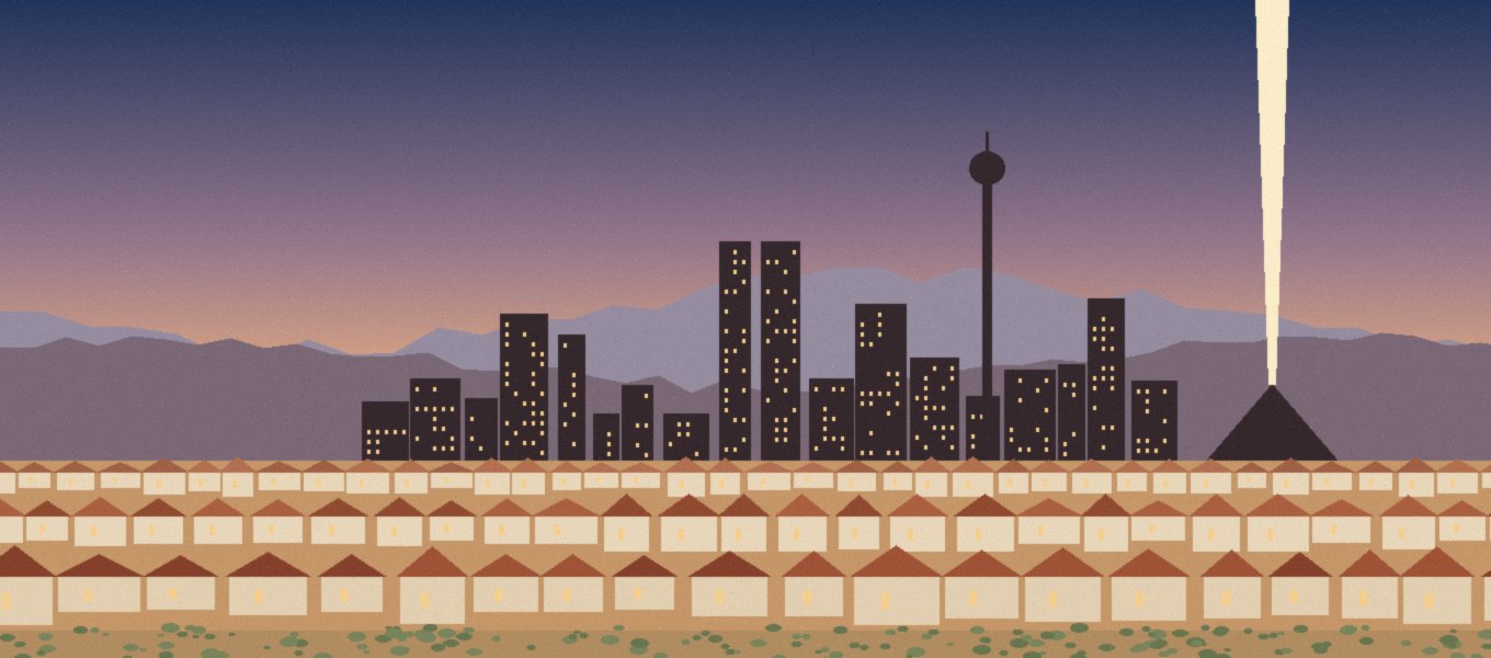 Illustration of the Las Vegas Strip at dusk above rows of new homes, with the Spring Mountains behind